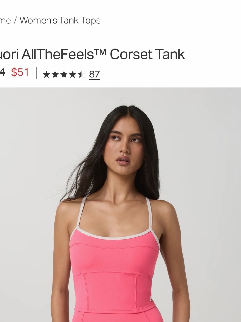 Vuori Pink Corset-Style Tank with Contrast Trim